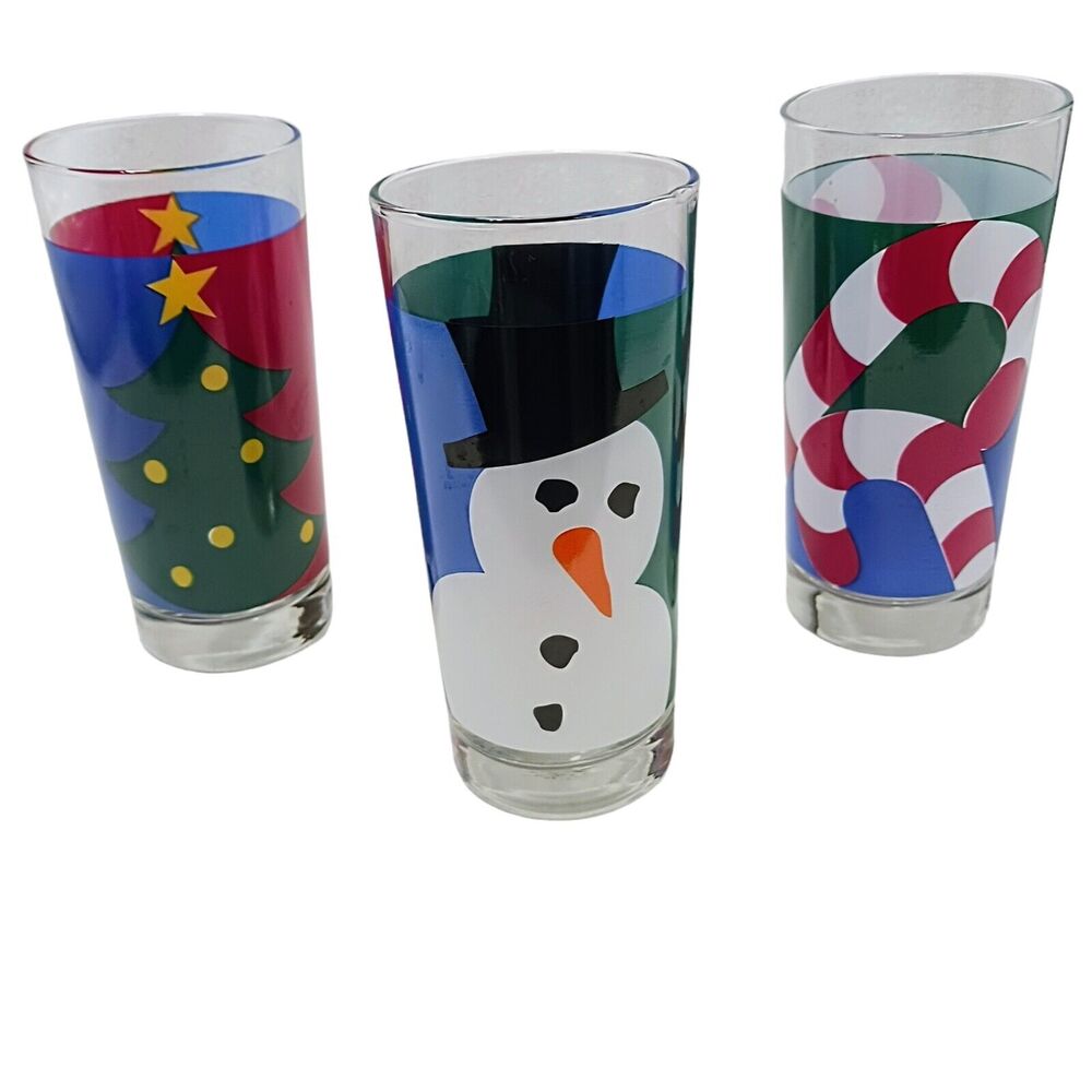 3 Christmas Highball Drinking‎ Glasses Snowman Tree Candy Cane Colorful Holiday